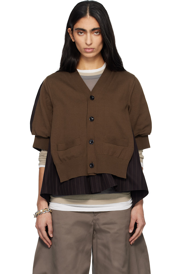 Кардиган в меловую полоску из хлопковой вязки Sacai, коричневый
Кардиган в меловую полоску из хлопковой вязки Sacai, коричневый