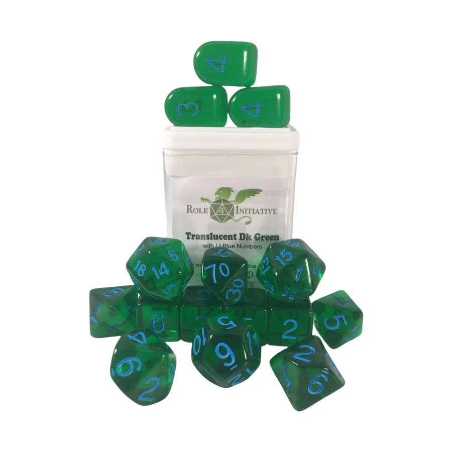 Многогранные игральные кости — полупрозрачные темно-зеленые со светло-голубым и Arch'd4 (15), Game Dice - Translucent (Role 4 Initiative)
Многогранные игральные кости — полупрозрачные темно-зеленые со светло-голубым и Arch'd4 (15), Game Dice - Translucent (Role 4 Initiative)