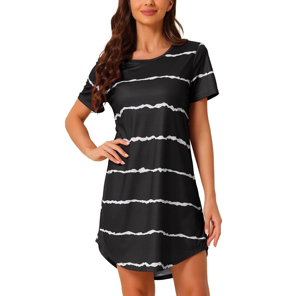 Женская ночная рубашка с круглым вырезом, полосатая ночная рубашка с коротким рукавом, ночная рубашка Cheibear, черный