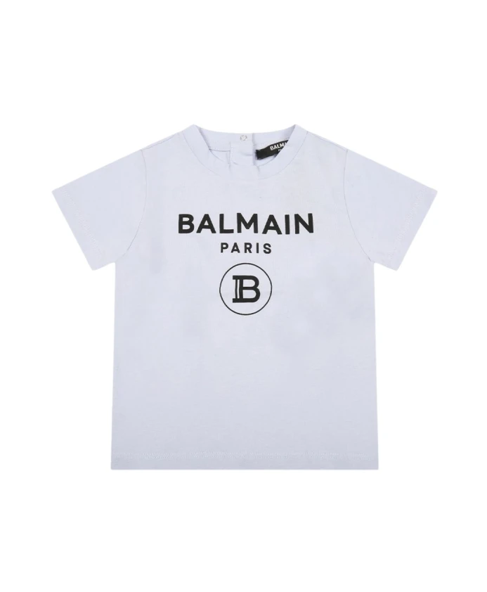 Хлопковая футболка с короткими рукавами и контрастным принтом Balmain, синий 
Хлопковая футболка с короткими рукавами и контрастным принтом Balmain, синий