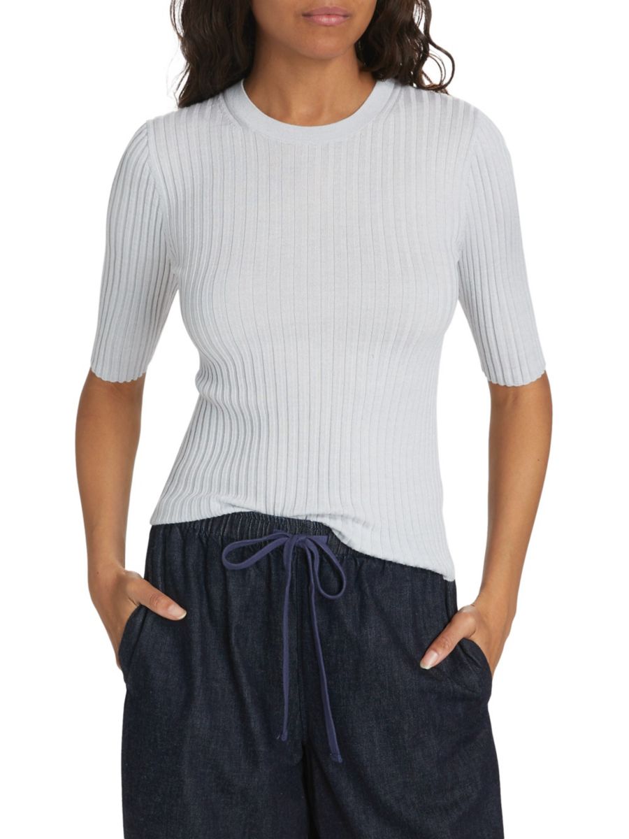 Топ из смеси шерсти и шелка в рубчик Vince, цвет Off White Salt Glass 
Топ из смеси шерсти и шелка в рубчик Vince, цвет Off White Salt Glass