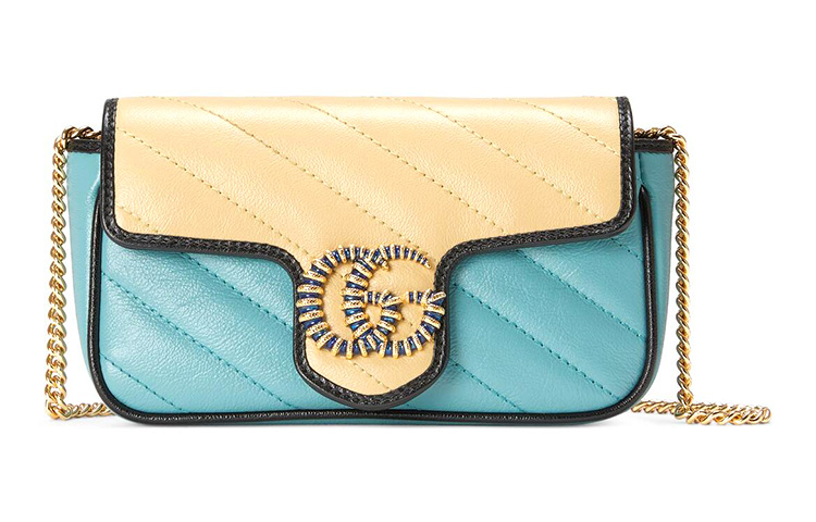 Кожаная мини-сумка через плечо Marmont с одним ремнём, женская, светло-голубая/белая GUCCI 
Кожаная мини-сумка через плечо Marmont с одним ремнём, женская, светло-голубая/белая GUCCI