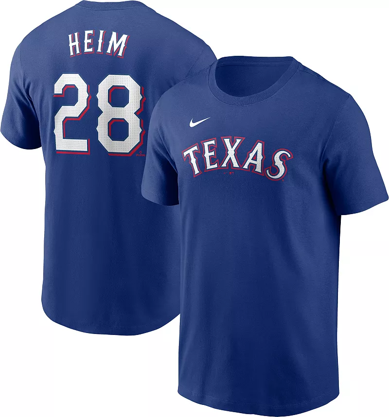 Мужская синяя футболка Nike Texas Rangers Jonah Heim #28
Мужская синяя футболка Nike Texas Rangers Jonah Heim #28