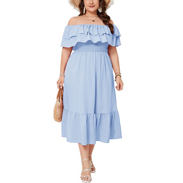 Платье летнее макси с открытыми плечами и двойным рюшем, A-силуэт, casual, струящееся, элегантное, plus size Clearflower, Light Blue
Платье летнее макси с открытыми плечами и двойным рюшем, A-силуэт, casual, струящееся, элегантное, plus size Clearflower, Light Blue