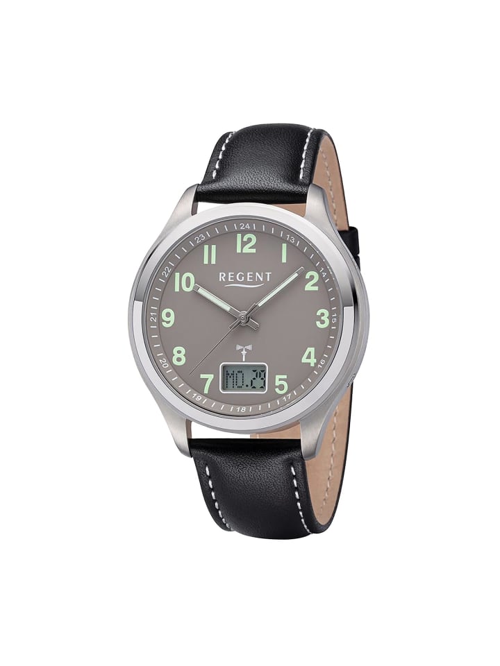 Радиоуправляемые аналогово-цифровые часы, черные, большие (примерно 42 мм), кожаный ремешок Regent
Радиоуправляемые аналогово-цифровые часы, черные, большие (примерно 42 мм), кожаный ремешок Regent