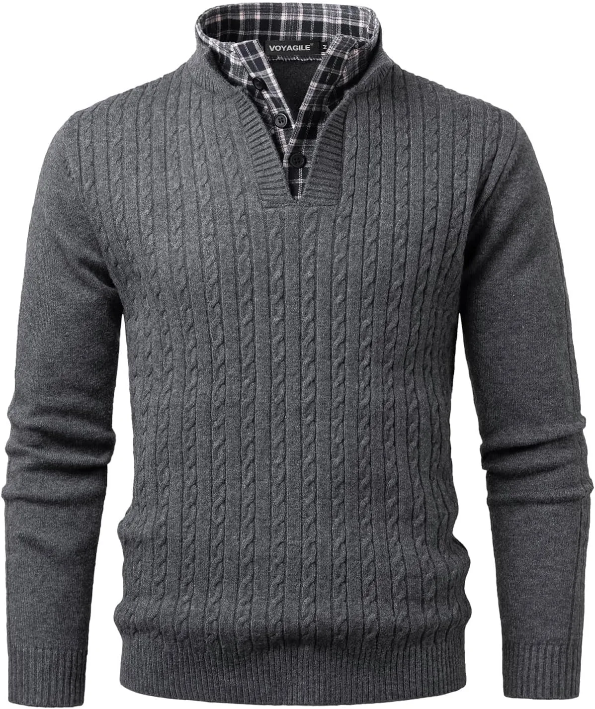 Мужской свитер с воротником-стойкой и четвертью застежки, кабельная вязка Voyagile
Мужской свитер с воротником-стойкой и четвертью застежки, кабельная вязка Voyagile