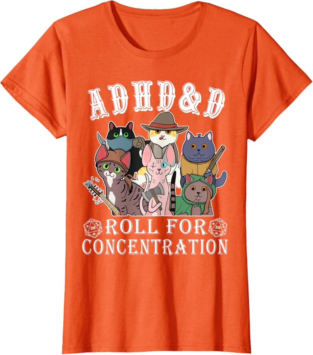 Женская футболка Funny Tees Gamer RPG Apparel Cats RPG Gamer Roll For Concentration D20 Dice Nerdy, оранжевый 
Женская футболка Funny Tees Gamer RPG Apparel Cats RPG Gamer Roll For Concentration D20 Dice Nerdy, оранжевый