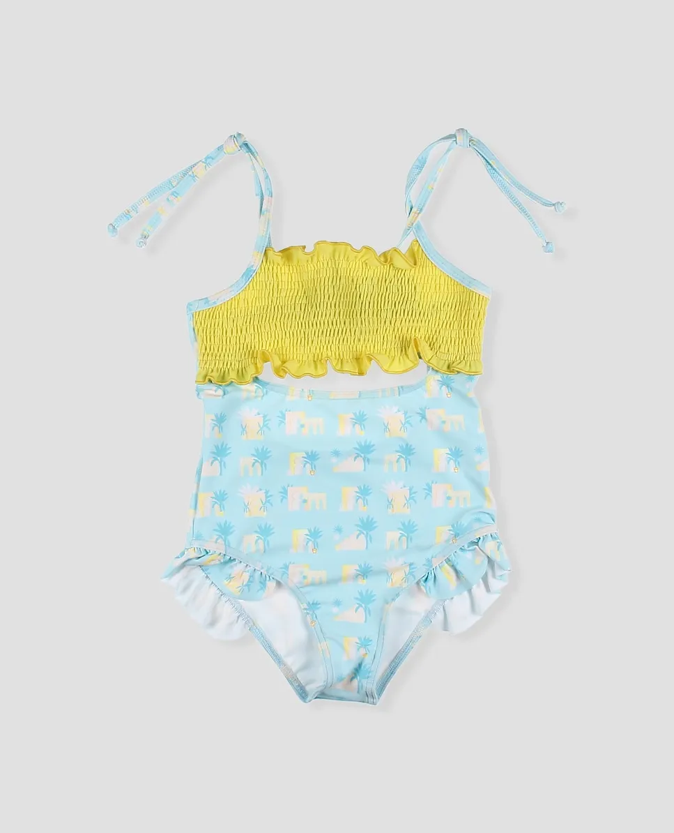 Детский купальник для девочки с присборенной грудкой, эффект 2 в 1 Foque, синий/желтый 
Детский купальник для девочки с присборенной грудкой, эффект 2 в 1 Foque, синий/желтый