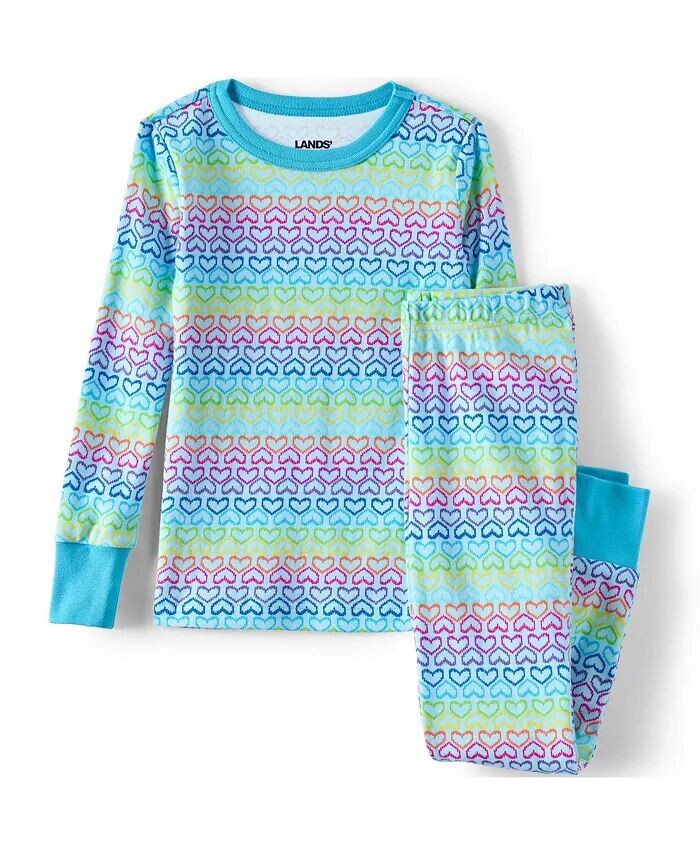 Пижамный комплект с длинными рукавами и низом для больших девочек облегающего кроя Lands' End, синий 
Пижамный комплект с длинными рукавами и низом для больших девочек облегающего кроя Lands' End, синий