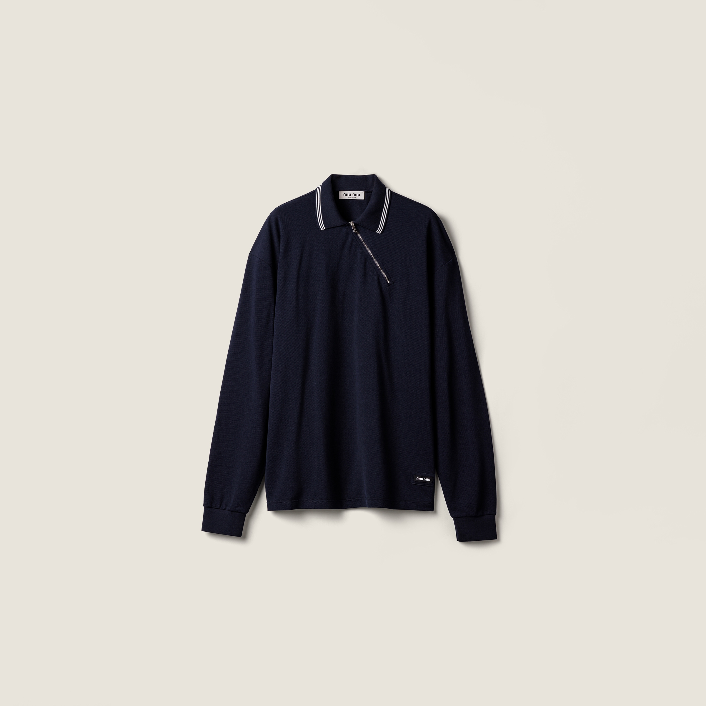 Поло из хлопкового пике на молнии MIU MIU, темно-синий
Поло из хлопкового пике на молнии MIU MIU, темно-синий