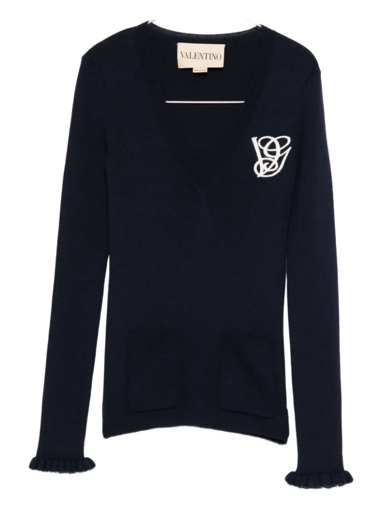 Шерстяной свитер с V-образным вырезом и оборками от Valentino Garavani, синий
Шерстяной свитер с V-образным вырезом и оборками от Valentino Garavani, синий