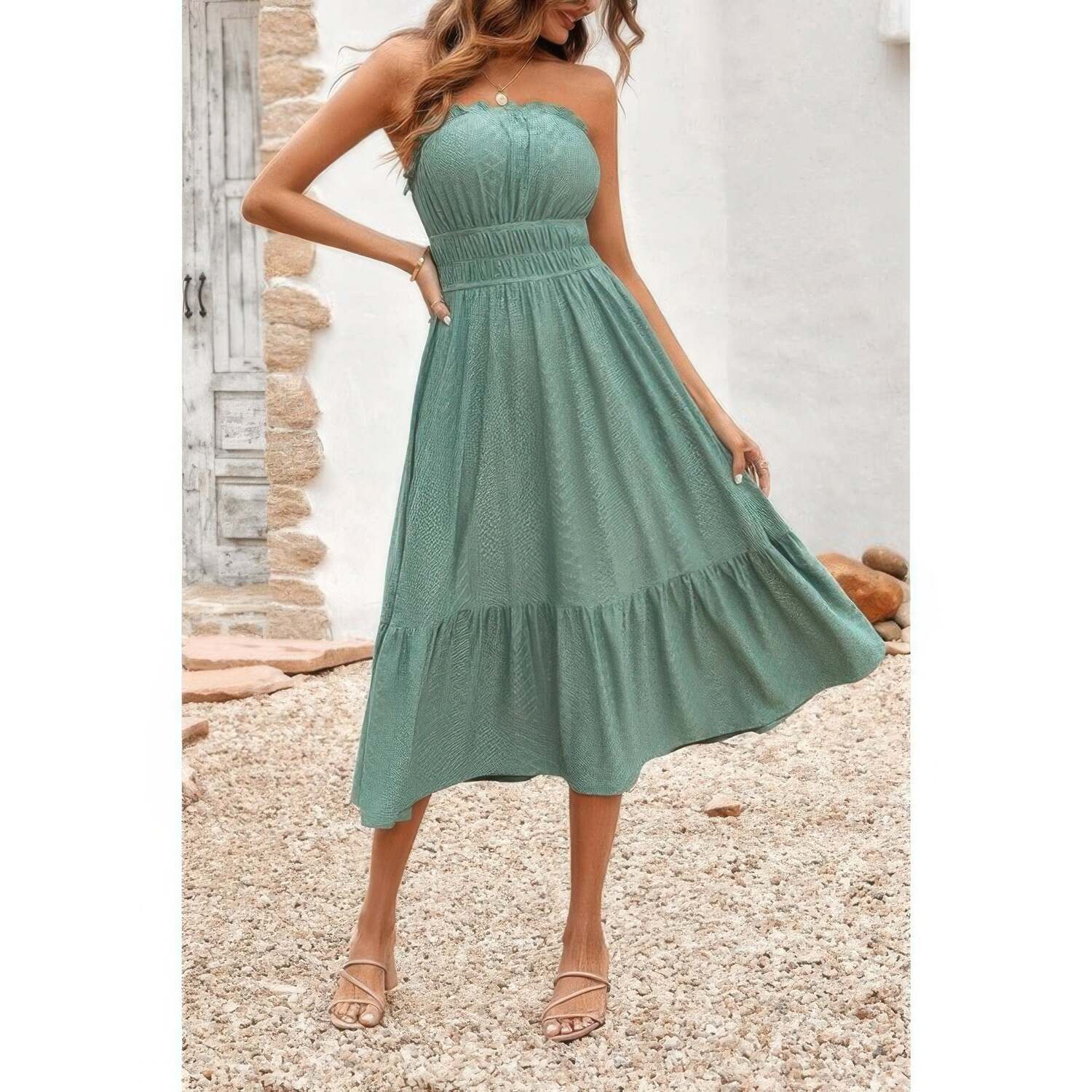 Сплошное платье с открытыми плечами, эластичной талией и рюшами TRUEDAMES, зеленый
Сплошное платье с открытыми плечами, эластичной талией и рюшами TRUEDAMES, зеленый