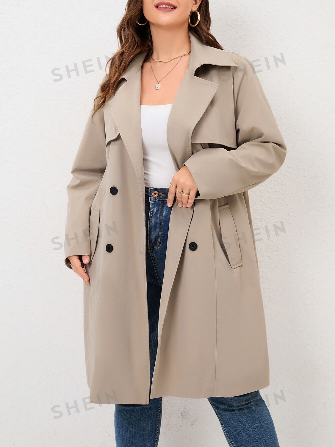Frenchy Plus Trench Coat, Костюмный воротник, двубортный, декорированный поясом Shein, хаки
Frenchy Plus Trench Coat, Костюмный воротник, двубортный, декорированный поясом Shein, хаки