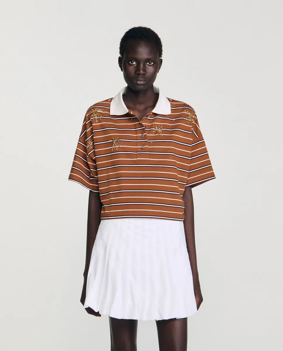 Женское полосатое поло со стразами Sandro, коричневый/белый
Женское полосатое поло со стразами Sandro, коричневый/белый