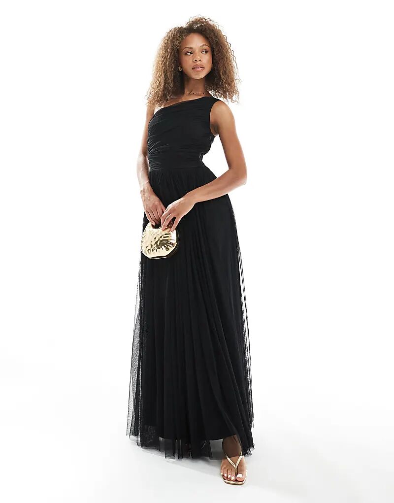 Платье макси на одно плечо с кружевом и бисером черного цвета 
Платье макси на одно плечо с кружевом и бисером черного цвета