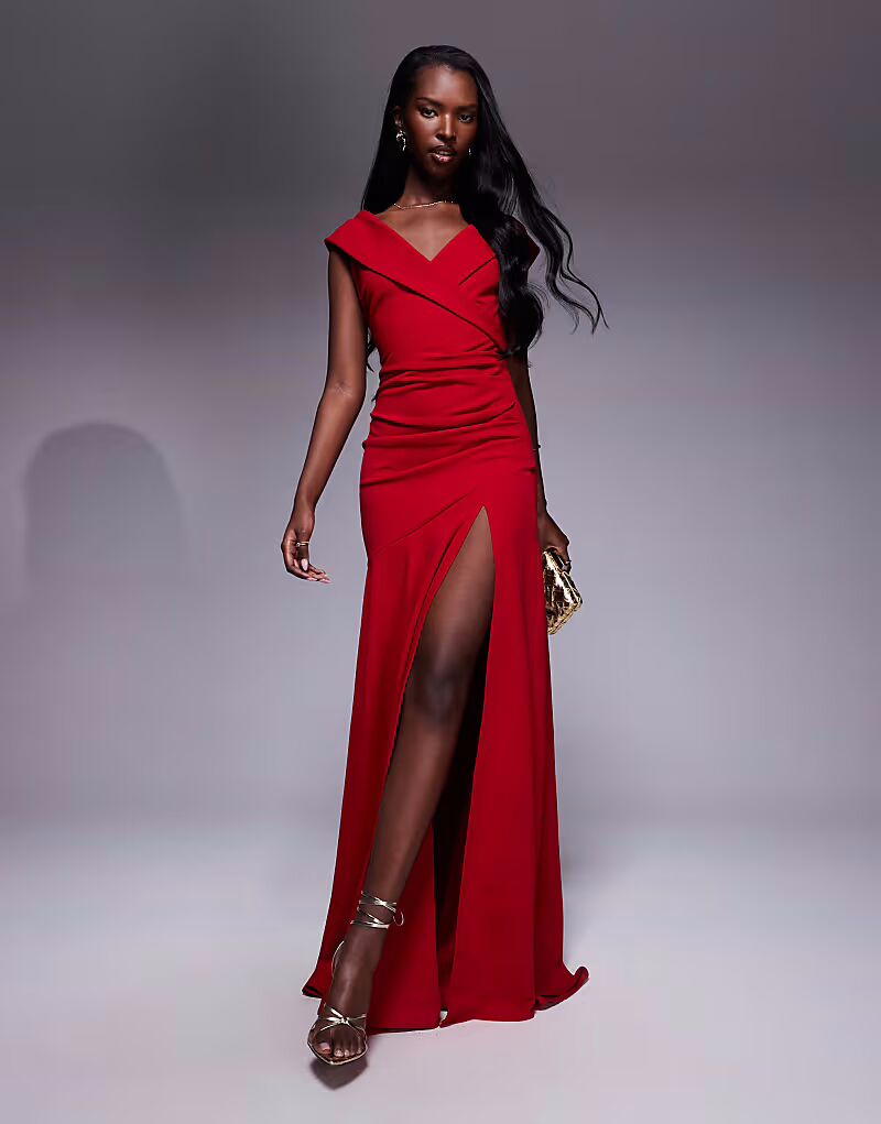Платье макси Goddiva Scuba из крепа с открытыми плечами и разрезом спереди красного цвета
Платье макси Goddiva Scuba из крепа с открытыми плечами и разрезом спереди красного цвета