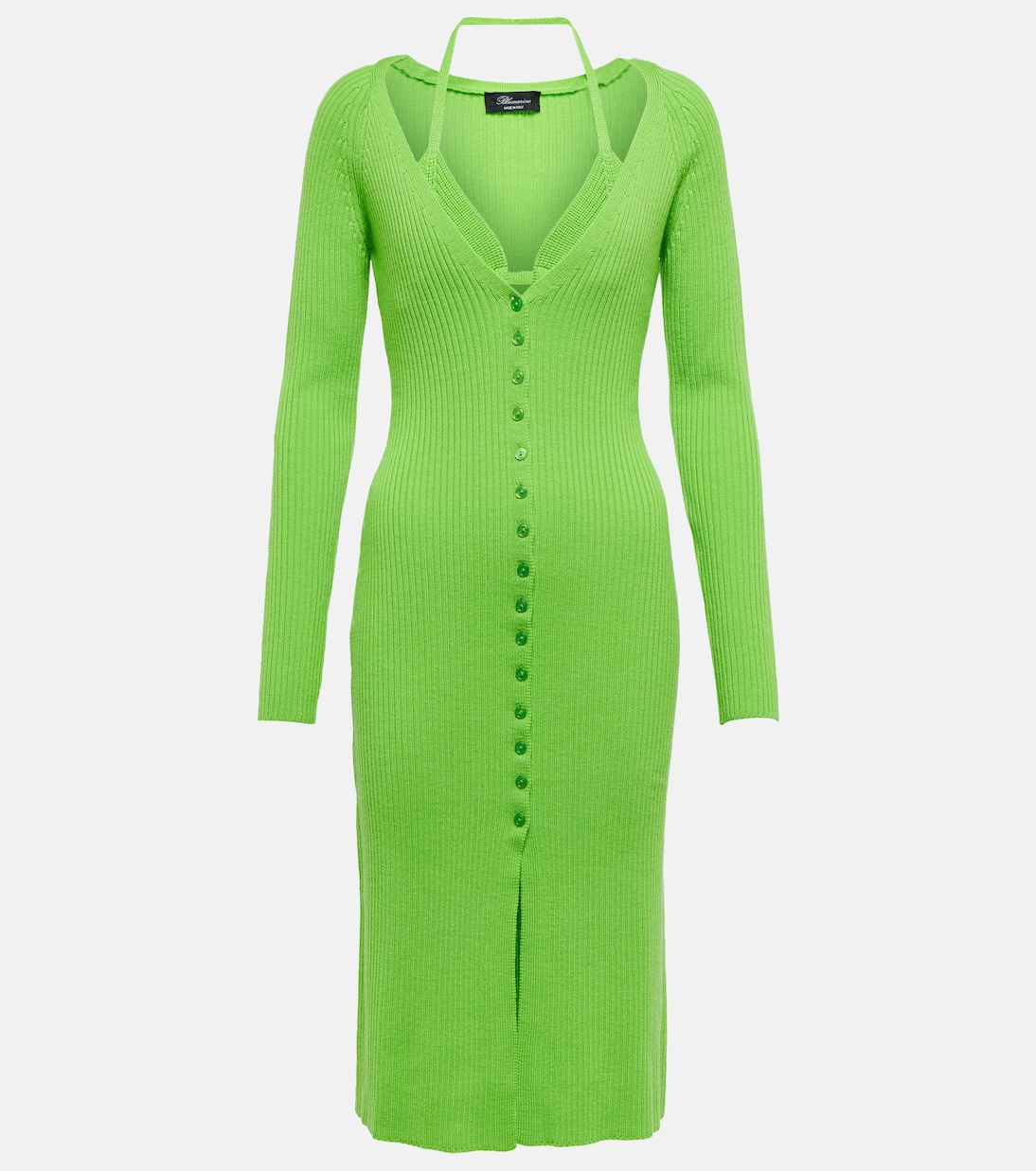 Платье миди из шерсти в рубчик с вырезом халтер Blumarine, Verde Fluo 
Платье миди из шерсти в рубчик с вырезом халтер Blumarine, Verde Fluo