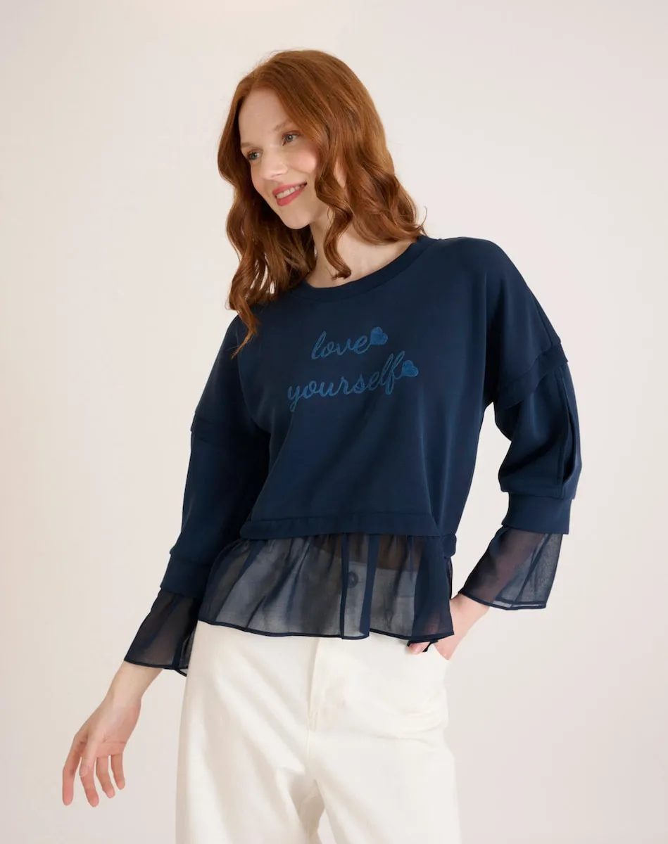 Женская футболка с аппликациями из прозрачной ткани Naf Naf, тёмно-синий 
Женская футболка с аппликациями из прозрачной ткани Naf Naf, тёмно-синий