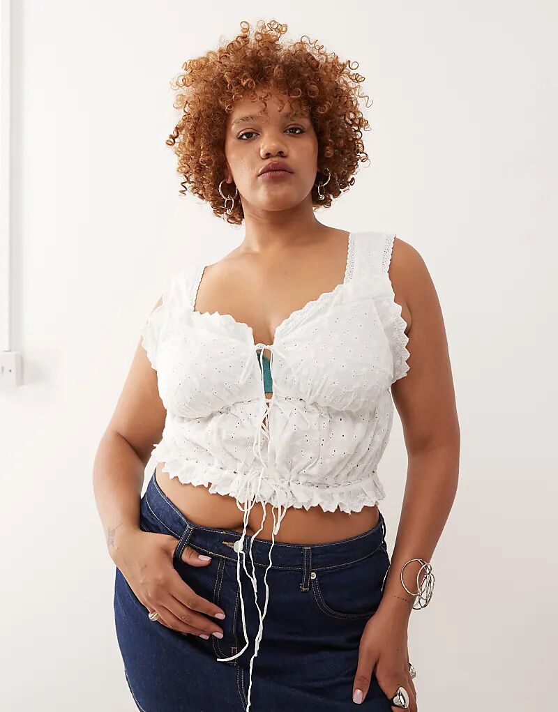 Белый топ Noisy May Curve с завязками спереди и вышивкой 
Белый топ Noisy May Curve с завязками спереди и вышивкой