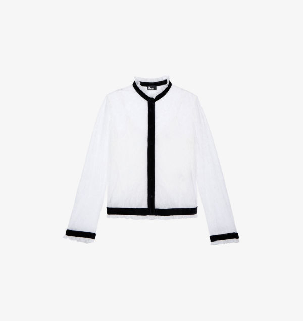 Рубашка с контрастной отделкой из кружева и воротником-рюшами The Kooples, экрю
Рубашка с контрастной отделкой из кружева и воротником-рюшами The Kooples, экрю