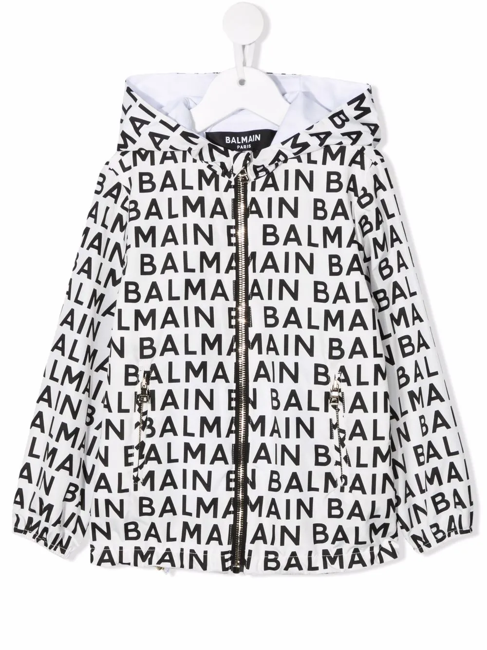 Куртка на молнии с капюшоном и логотипом Balmain Kids, белый 
Куртка на молнии с капюшоном и логотипом Balmain Kids, белый