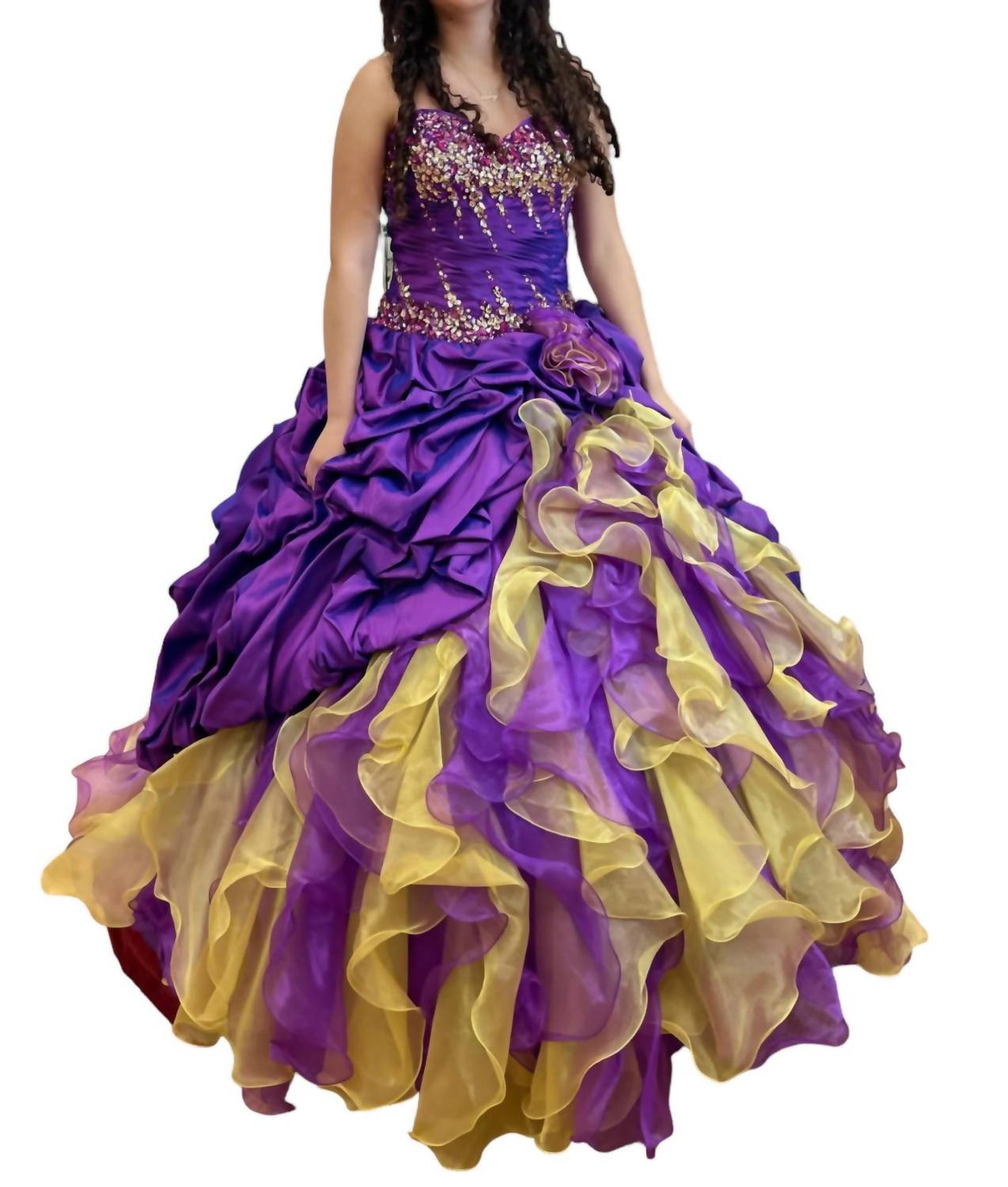 Платье Quinceañera с открытыми плечами и оборками в фиолетовом/золотом цвете Mary's Bridal
Платье Quinceañera с открытыми плечами и оборками в фиолетовом/золотом цвете Mary's Bridal