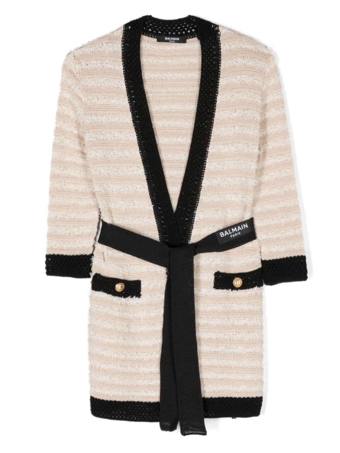 Balmain Kids кардиган в полоску с поясом, нейтральный цвет 
Balmain Kids кардиган в полоску с поясом, нейтральный цвет