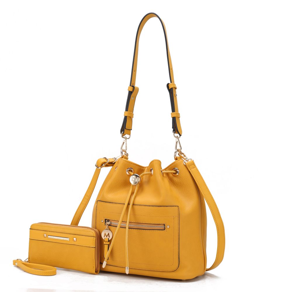 Larissa Винтажная женская сумка-ведро и кошелек из веганской кожи - 2 предмета MKF, желтый
Larissa Винтажная женская сумка-ведро и кошелек из веганской кожи - 2 предмета MKF, желтый