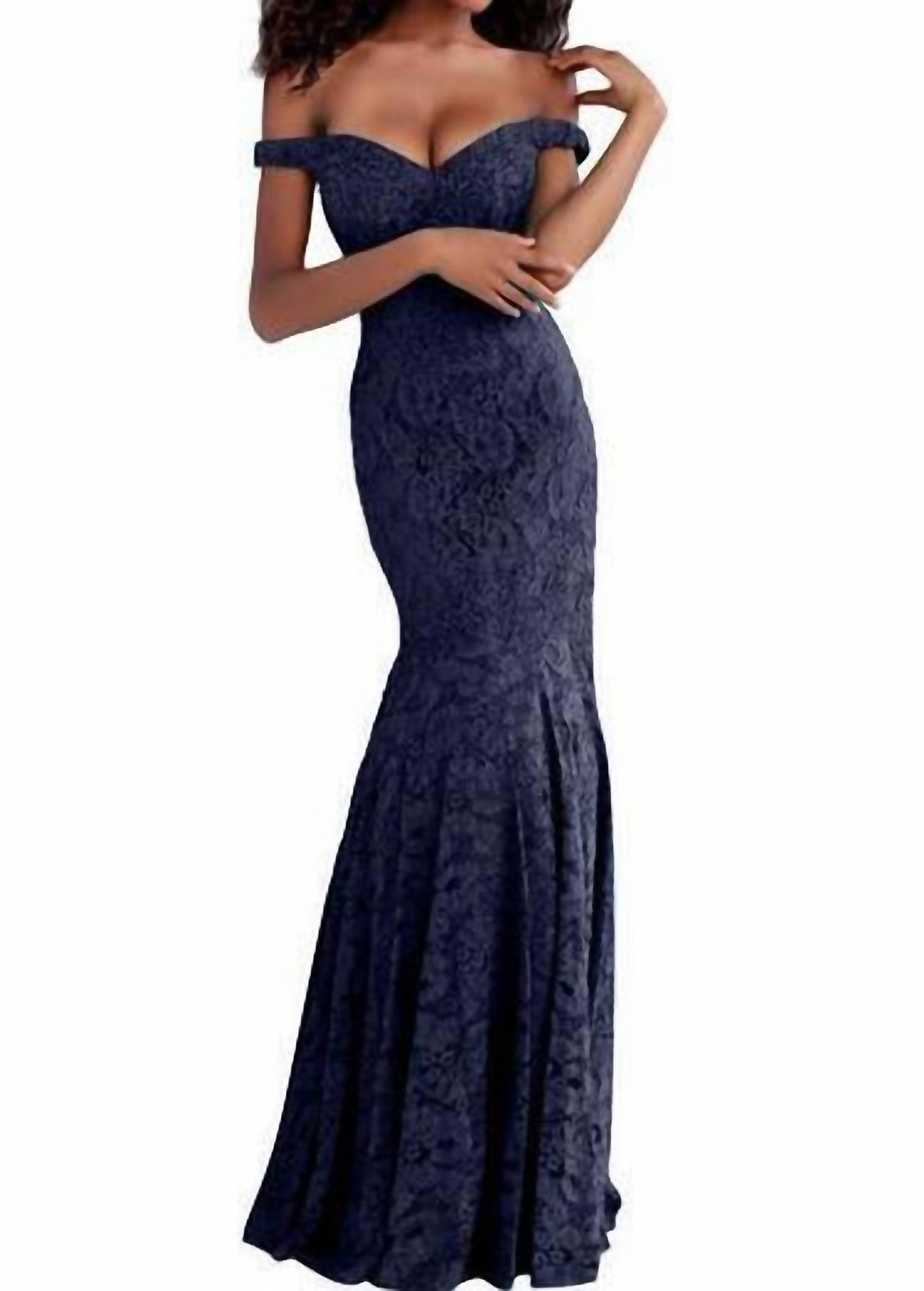 Длинное кружевное платье-русалка в темно-синем цвете JOVANI 
Длинное кружевное платье-русалка в темно-синем цвете JOVANI