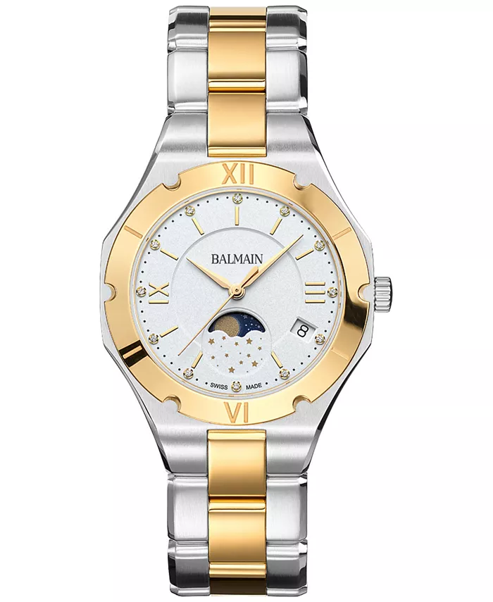 Женские часы-браслет Swiss Be Balmain Moonphase Diamond (1/20 ct. t.w.) из двухцветной нержавеющей стали, 33 мм
Женские часы-браслет Swiss Be Balmain Moonphase Diamond (1/20 ct. t.w.) из двухцветной нержавеющей стали, 33 мм