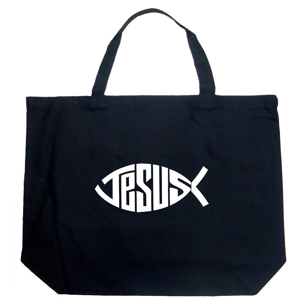 Большая сумка-тоут Word Art - Символ рыбы с именем христианина Иисуса LA Pop Art, черный 
Большая сумка-тоут Word Art - Символ рыбы с именем христианина Иисуса LA Pop Art, черный