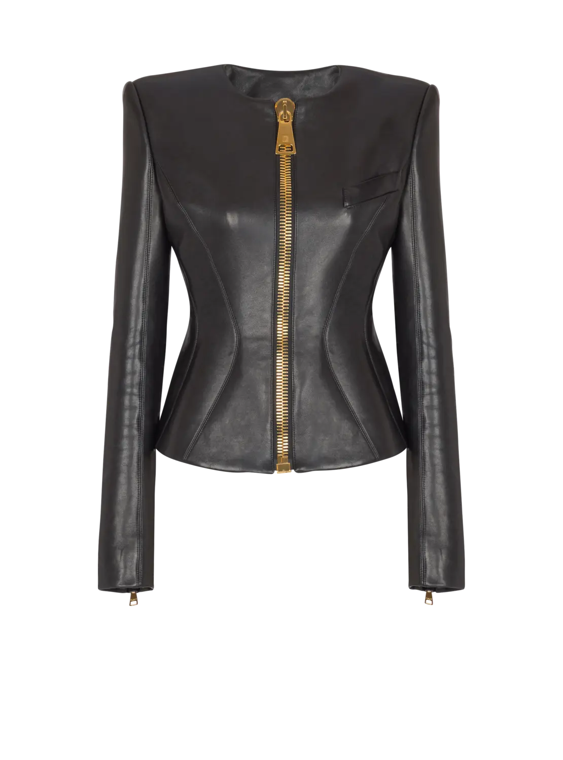 Укороченный жакет из ягнячьей кожи с баской Balmain, черный
Укороченный жакет из ягнячьей кожи с баской Balmain, черный