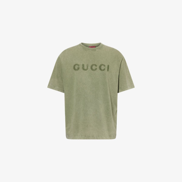 Футболка Gucci с круглым вырезом и принтом логотипа, зеленый 
Футболка Gucci с круглым вырезом и принтом логотипа, зеленый