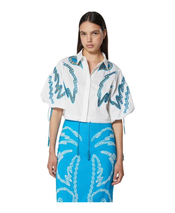 Укороченная хлопковая рубашка с вышивкой в виде люверсов. Silvian Heach, белый
Укороченная хлопковая рубашка с вышивкой в виде люверсов. Silvian Heach, белый