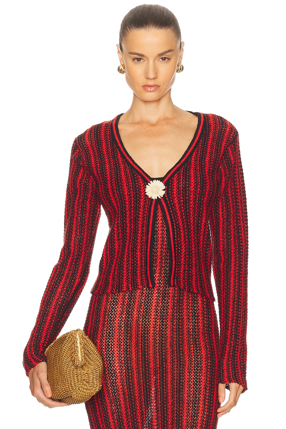 Полосатый цветочный кардиган с открытой застежкой The Elder Statesman, Black & Tomato
Полосатый цветочный кардиган с открытой застежкой The Elder Statesman, Black & Tomato