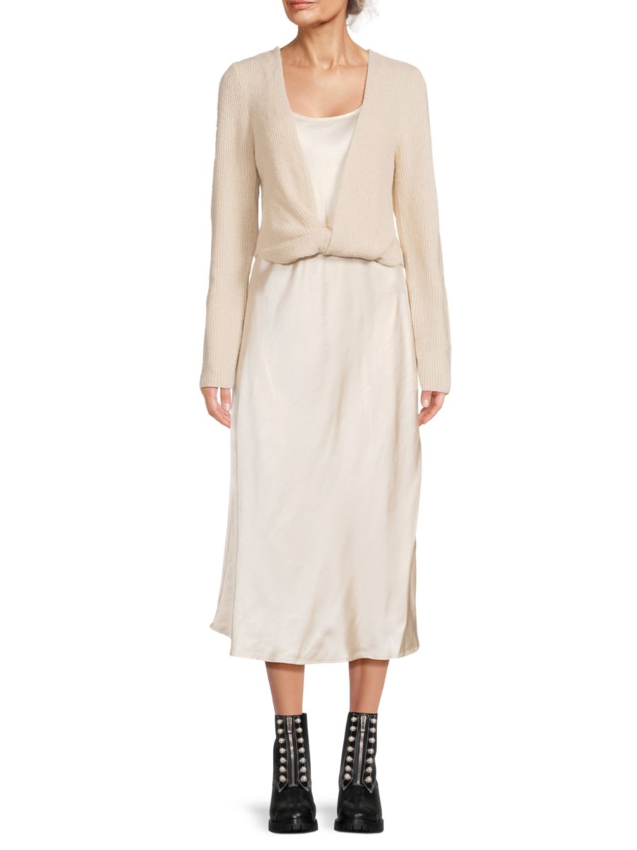 Комплект из двух предметов: свитер с витым узором и атласное платье миди Design History, цвет Champagne 
Комплект из двух предметов: свитер с витым узором и атласное платье миди Design History, цвет Champagne