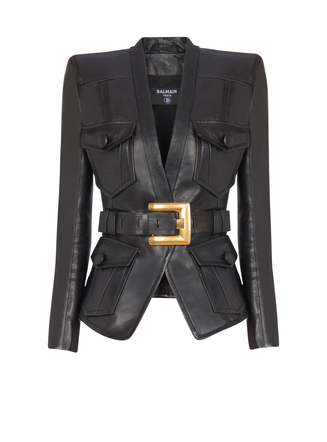Кожаный пиджак на одной пуговице с поясом Balmain, черный
Кожаный пиджак на одной пуговице с поясом Balmain, черный