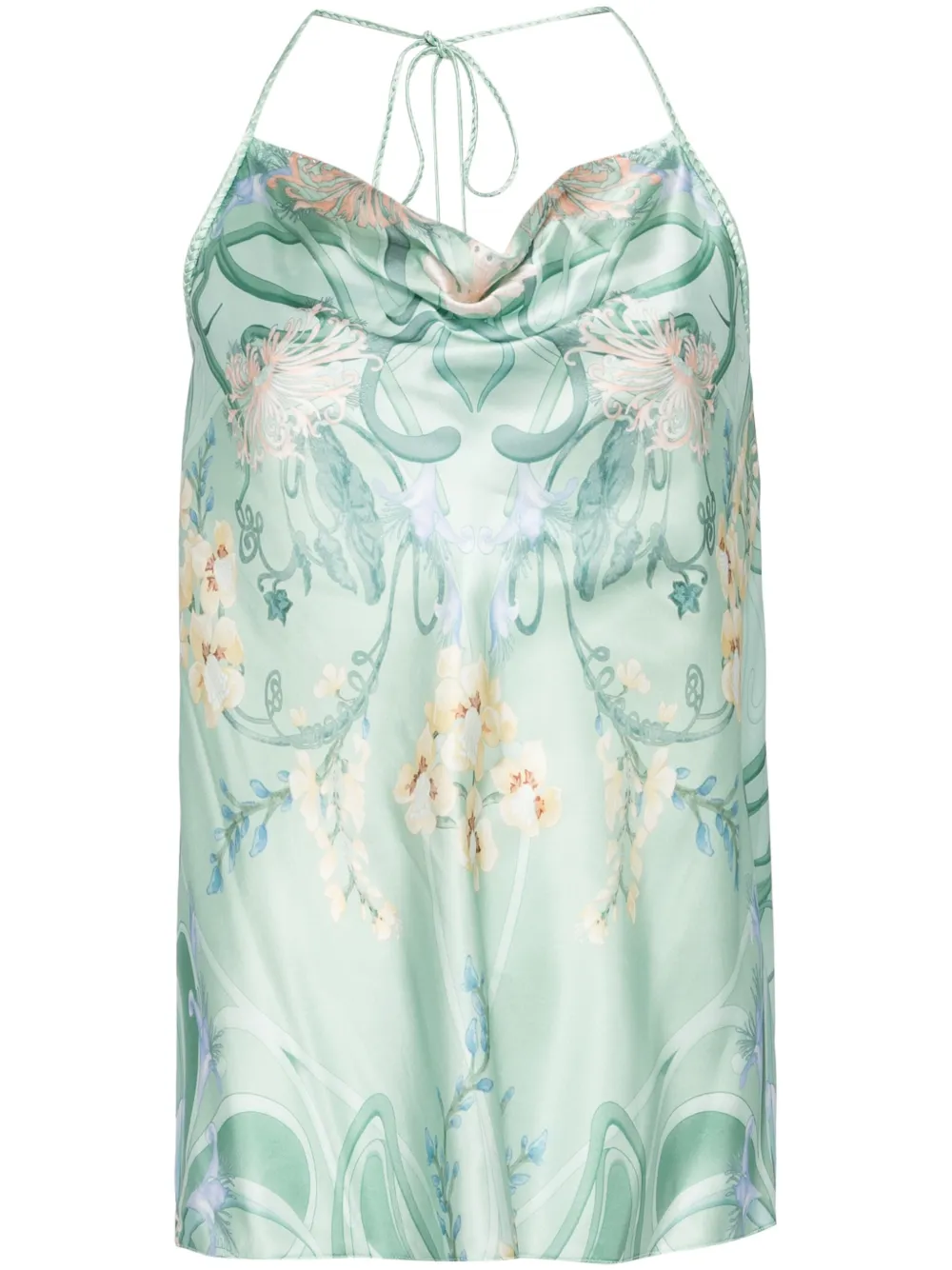 Шелковый топ с вырезом халтер и цветочным принтом Camilla, зеленый
Шелковый топ с вырезом халтер и цветочным принтом Camilla, зеленый