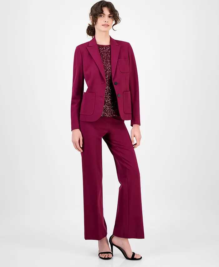 Женский пиджак с двумя пуговицами, тремя карманами и заостренными лацканами, топ с короткими рукавами и тройной сеткой, расшитый блестками, и однотонные широкие компрессионные брюки Anne Klein, коричневый 
Женский пиджак с двумя пуговицами, тремя карманами и заостренными лацканами, топ с короткими рукавами и тройной сеткой, расшитый блестками, и однотонные широкие компрессионные брюки Anne Klein, коричневый