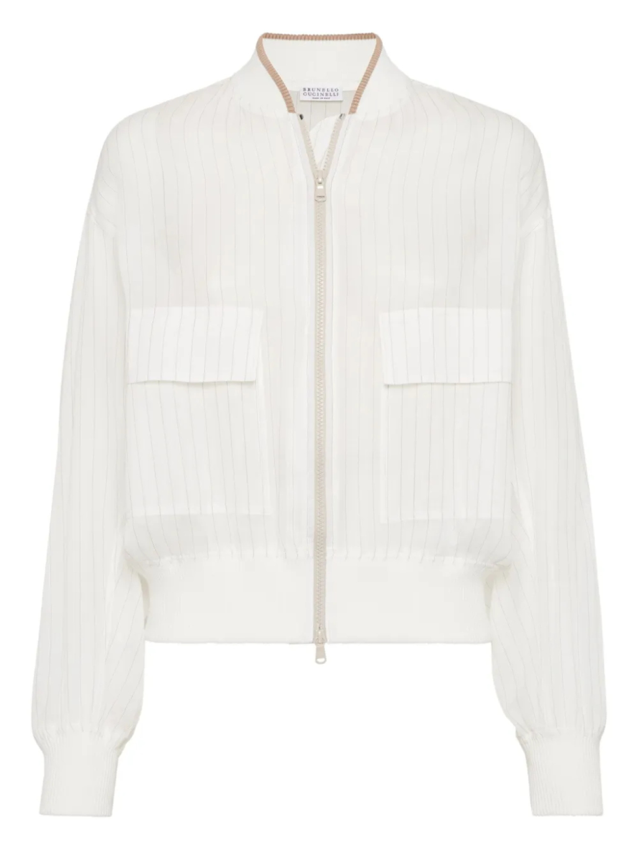 Brunello Cucinelli бомбер с отделкой в полоску, белый
Brunello Cucinelli бомбер с отделкой в полоску, белый