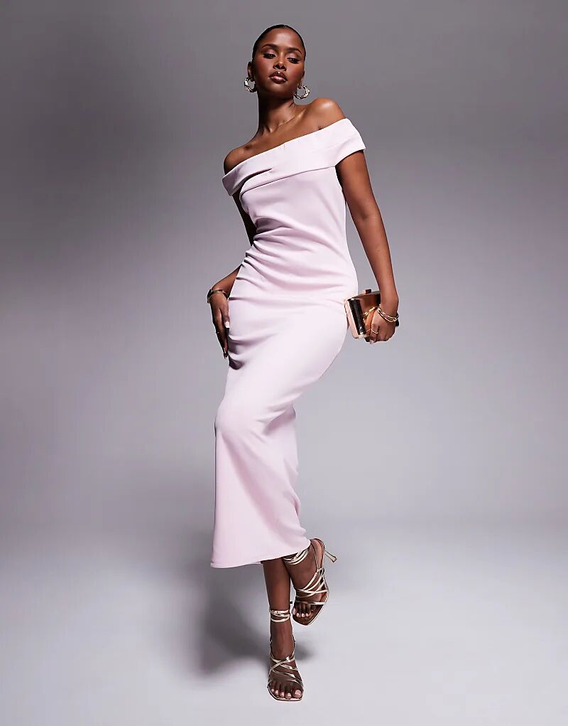 Платье миди ASOS DESIGN с открытыми плечами и разрезом, пастельно-розового цвета