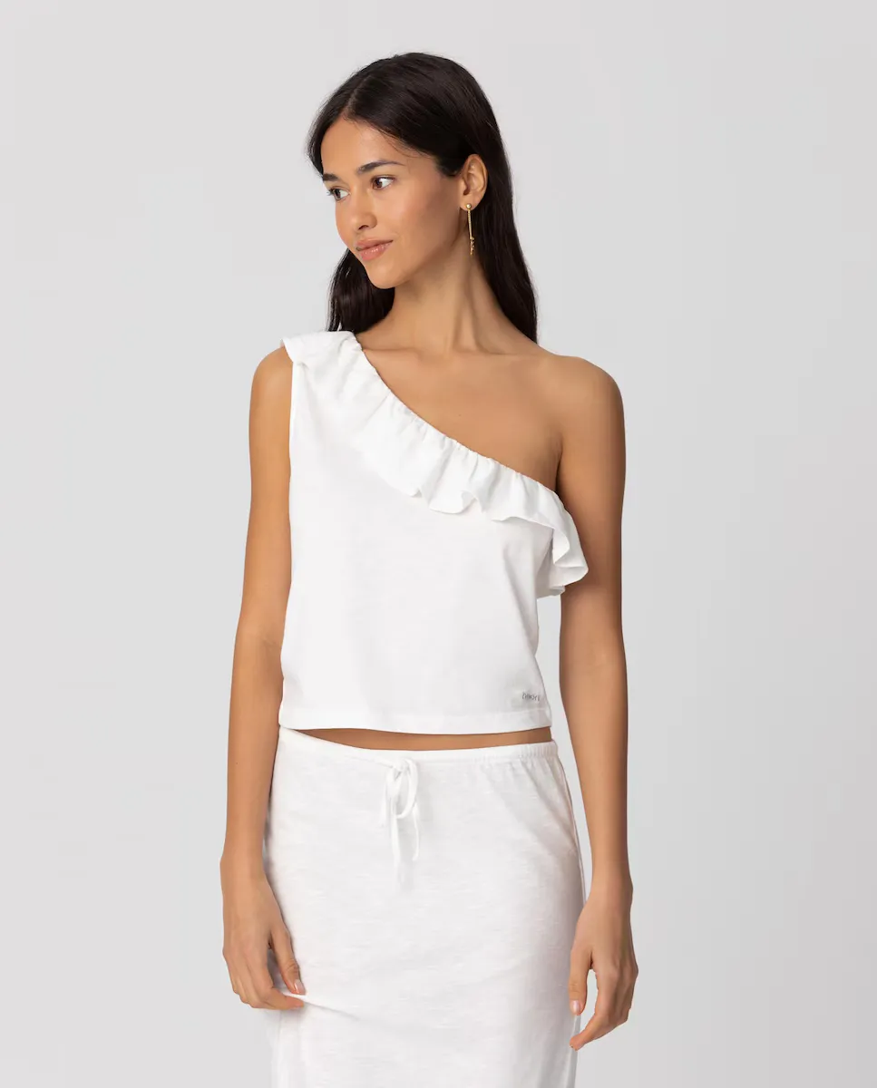 Женский топ асимметричный с воланами и вышитым логотипом Noon, белый
Женский топ асимметричный с воланами и вышитым логотипом Noon, белый