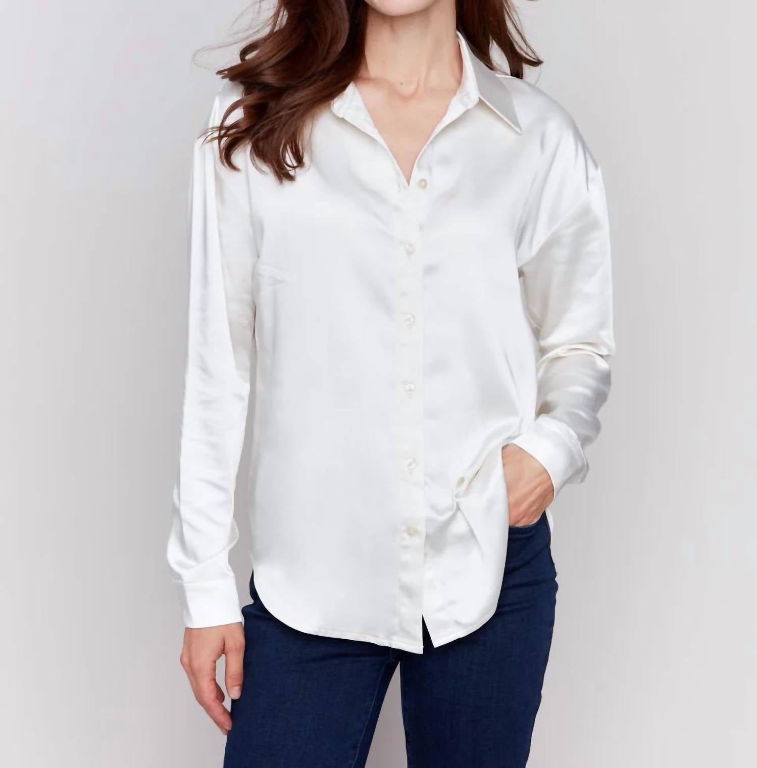 Однотонная атласная рубашка цвета экрю CHARLIE B, цвет ecru
Однотонная атласная рубашка цвета экрю CHARLIE B, цвет ecru