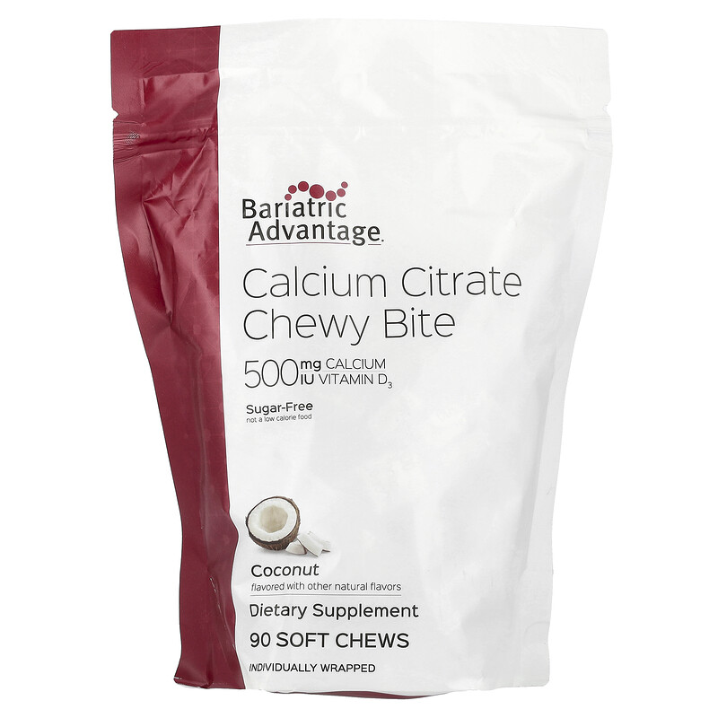 Bariatric Advantage, Chewy Bite с цитратом кальция, без сахара, кокос, 90 жевательных таблеток
Bariatric Advantage, Chewy Bite с цитратом кальция, без сахара, кокос, 90 жевательных таблеток