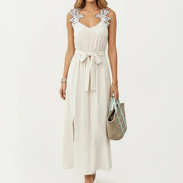 Женское платье-макси без рукавов с цветочными аппликациями на бретелях, поясом на талии и разрезом спереди Anna-Kaci
Женское платье-макси без рукавов с цветочными аппликациями на бретелях, поясом на талии и разрезом спереди Anna-Kaci