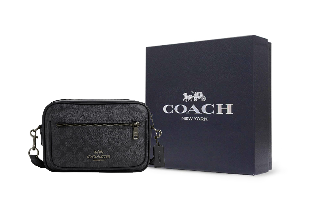 COACH Кожаный мессенджер Элиас с гладкой телячьей кожей и покрытием из холста среднего размера мужской угольно-серый и черный 
COACH Кожаный мессенджер Элиас с гладкой телячьей кожей и покрытием из холста среднего размера мужской угольно-серый и черный