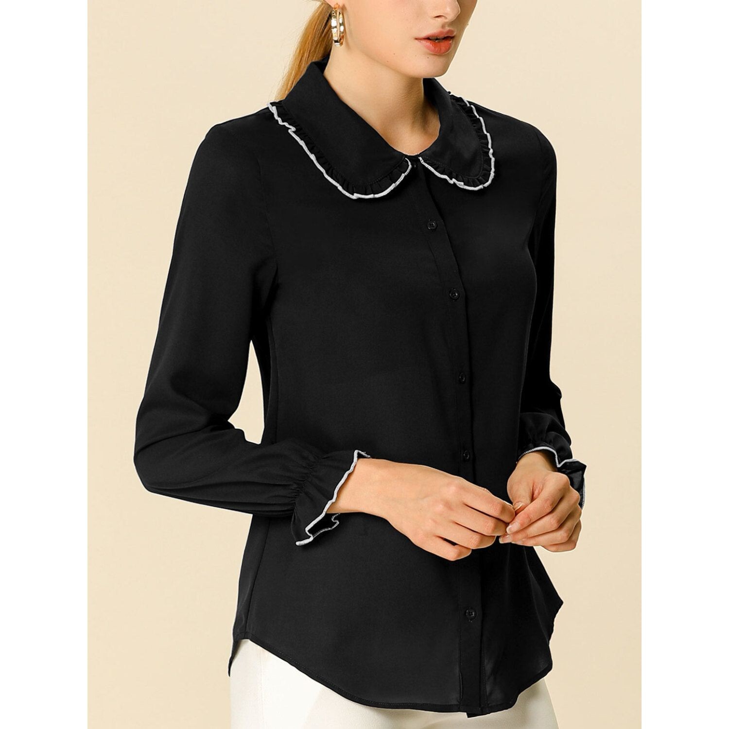 Женские рабочие рубашки на пуговицах с воротником Питера Пэна и рюшами ALLEGRA K, черный
Женские рабочие рубашки на пуговицах с воротником Питера Пэна и рюшами ALLEGRA K, черный