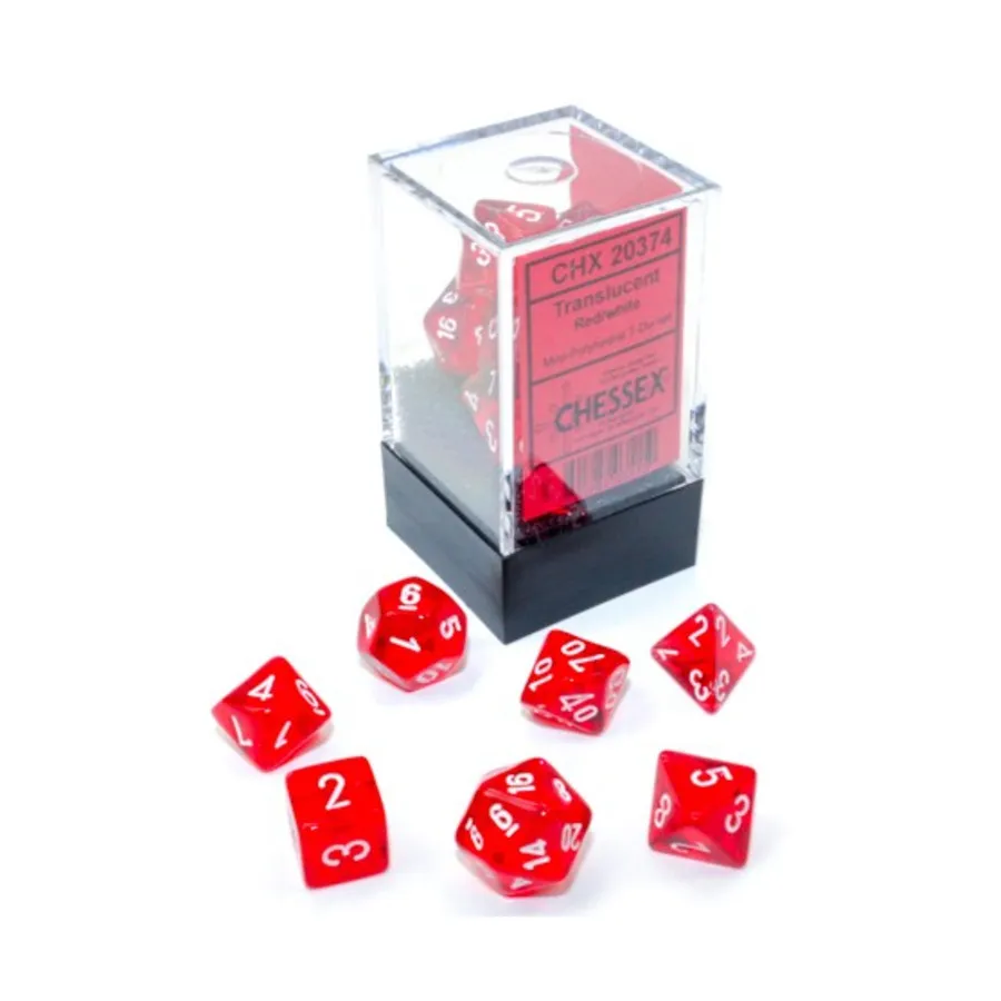 Набор Mini Poly — полупрозрачный красный с белым (7) (2-е издание), Dice - Miniature 10mm & 5mm (Chessex)
Набор Mini Poly — полупрозрачный красный с белым (7) (2-е издание), Dice - Miniature 10mm & 5mm (Chessex)