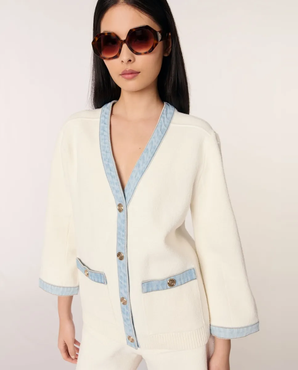 Длинный женский кардиган с джинсовыми деталями Maje, белый
Длинный женский кардиган с джинсовыми деталями Maje, белый