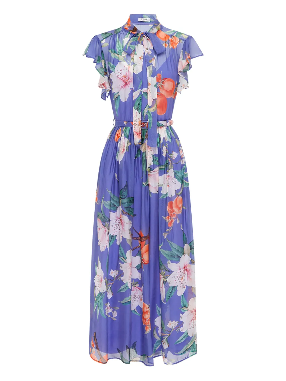 Платье макси с цветочным принтом и поясом Leo Lin, синий 
Платье макси с цветочным принтом и поясом Leo Lin, синий